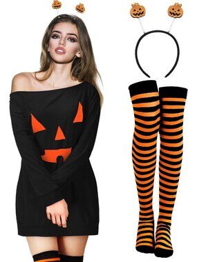 🎃Women's Ghost Halloween Pumpkin Knee High Sock Headband Boo Off Shoulder Dress
